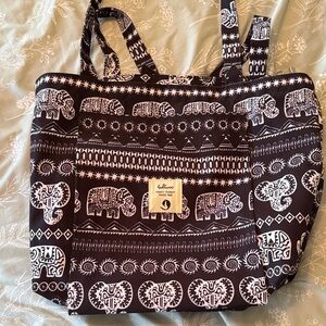 Elephant Patterned Tote Bag in Black and White yoga mat carrier yoga bag
